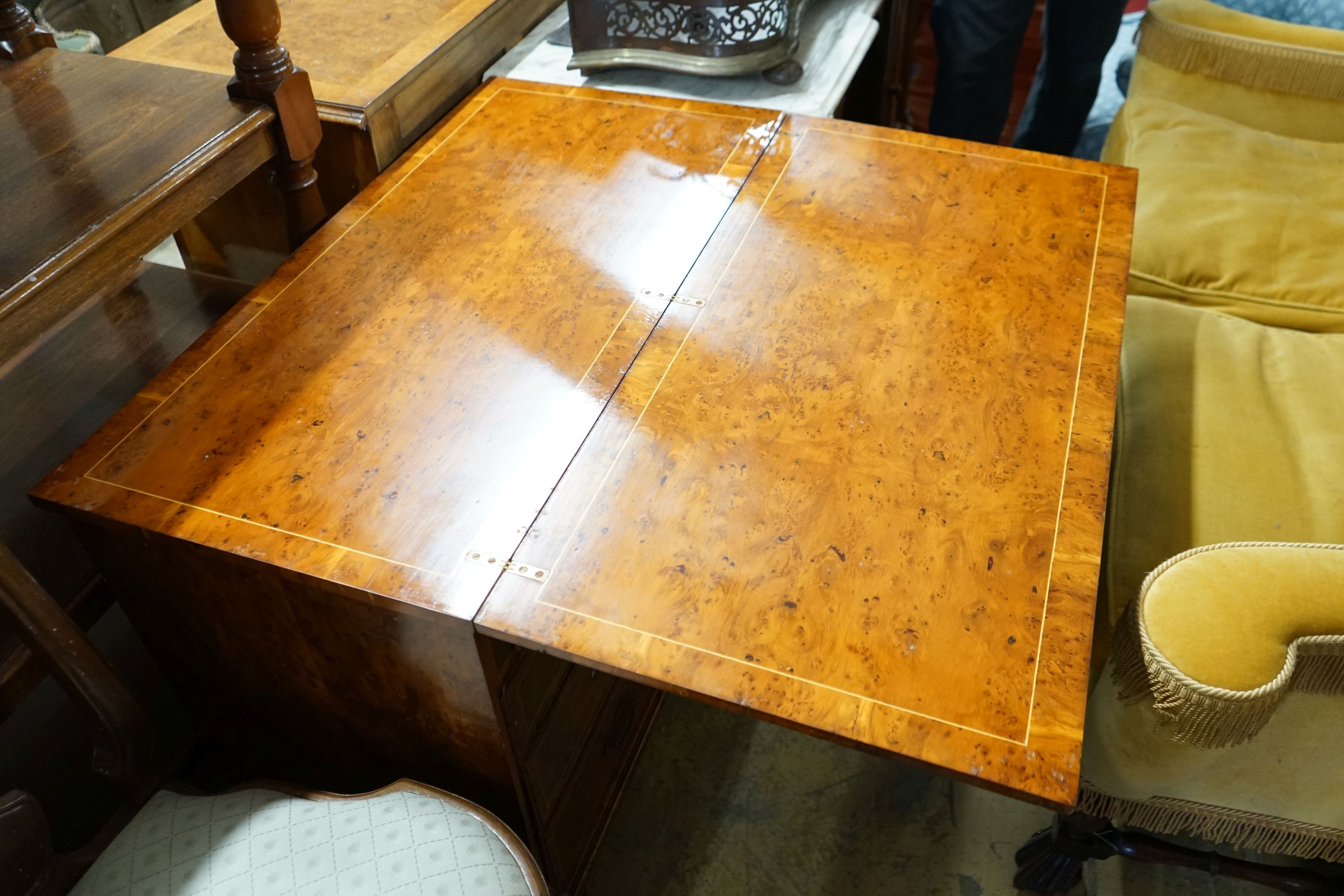 A reproduction George I style burr walnut bachelor's chest, width 96cm, depth 48cm, height 74cm